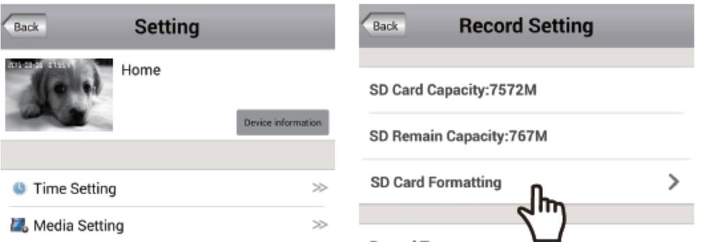 a) ustawienia nagrań na kartę Teraz przechodzimy do Record settings Jeśli mamy kartę włożoną ale pokazuje 0M to proszę ją sformatować z poziomu aplikacji,,sd Card Formating Mamy do wyboru 3 tryby