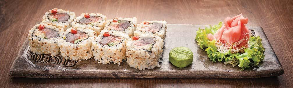 CALIFORNIA CALIFORNIA MAKI 8 szt. 45 CALIFORNIA KREWETKA + OSO Krewetka, łosoś, majonez, por, awokado, tobico Shrimp, salmon, mayonnaise, leek, avocado, tobico.
