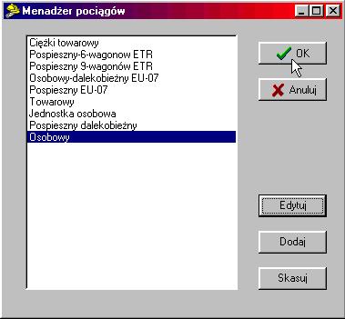 Edycja pociągów w oknie menadżera pociągów pozwala nam na zmianę lokomotywy, masy i liczby wagonów. Dzięki czemu menadżer pociągów pozwala nam na tworzenie wielu dowolnych konfiguracji pociągów.