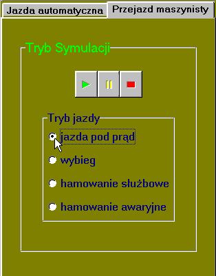 (Rys. 4.35) Zmianę stanu jazdy w trybie przejazd maszynisty (Rys. 4.36) i jazda automatyczna (Rys. 4.37), dokonuje się przez zaznaczenie pola wyboru przy żądanym stanie jazdy (Rys.