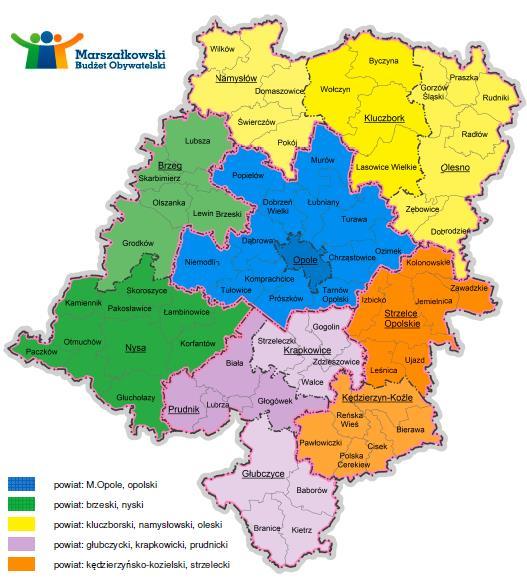 Kwota na realizację Marszałkowskiego Budżetu Obywatelskiego dzielona będzie w równych częściach na 5 subregionów. 1. miasto Opole, powiat opolski 2.