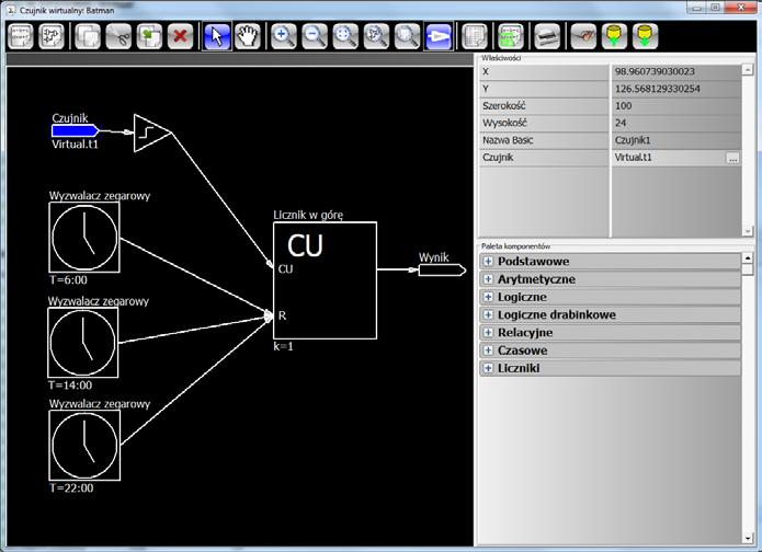 Programowanie graficzne czujników wirtualnych Wybranie czujnika wirtualnego i użycie przycisku Edytor logiki w programie ODYN otwiera okno edycji programu zmiennej wirtualnej.
