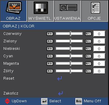 Elementy sterowania użytkownika Obraz Kolor Kolor Regulacja kolorów Czerwony, Zielony, Niebieski, Cyan, Magenta