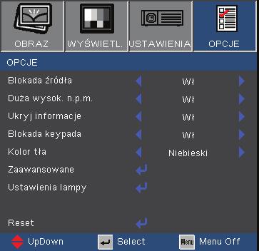 Elementy sterowania użytkownika Opcje Blokada źródła Wł: Po utraceniu bieżącego sygnału, projektor wyszuka inne sygnały. Wył: Projektor przeszuka określony port połączenia. Duża wysok. n.p.m. Wybierz Wł, aby włączyć tryb Duża wysok.