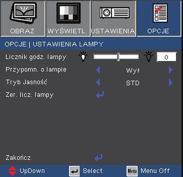 Elementy sterowania użytkownika Opcje Ustawienia lampy Licznik godz. lampy Wyświetla czas projekcji. Przypomn.