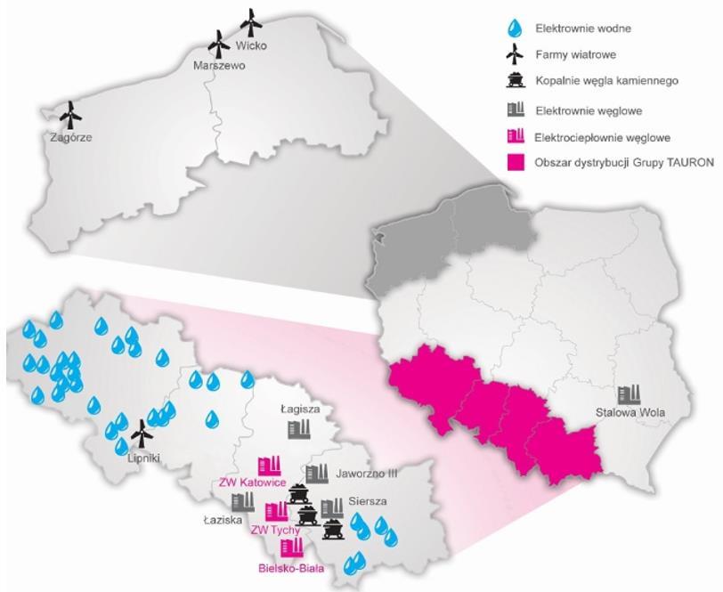 Rysunek nr 3. Lokalizacja kluczowych aktywów Grupy Kapitałowej TAURON 3.