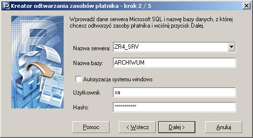 Rysunek 77. Okno kreatora odtwarzania zasobów płatnika krok 1/5 5. W przypadku odtwarzania z innej bazy roboczej kreator ma pięć kroków.