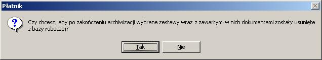 Rysunek 81. Okno dialogowe wyświetlane podczas archiwizacji dokumentów. 5. Po pomyślnym przeprowadzeniu archiwizacji dokumentów, wyświetlony będzie komunikat (patrz Rysunek 82)