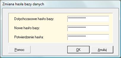 Z menu Administracja wybierz polecenie Ustawienie bazy danych. 3. W oknie Ustawienia bazy danych (patrz Rysunek 124) z menu Baza wybierz polecenie Zmień hasło. Rysunek 124. Okno dialogowe: Ustawienia bazy danych 4.