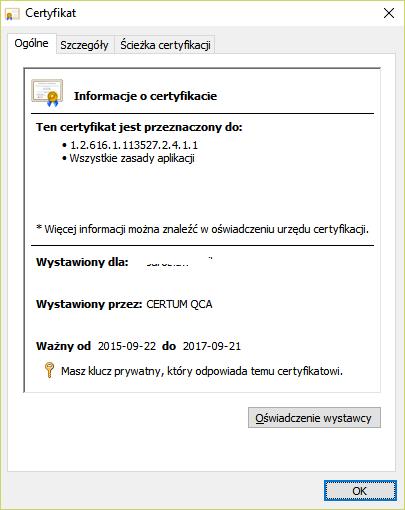 Rysunek 42. Okno Certyfikat 4.2.4.1.