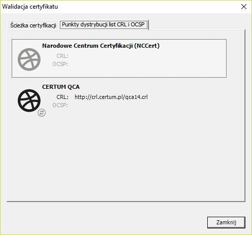 Rysunek 47. Walidacja certyfikatu - zakładka Punkty dystrybucji list CRL i OCSP 4.