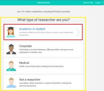 W celu utworzenia konta na portalu ResearchGate należy wejść na stronę internetową www.researchgate.net. UWAGA serwis nie oferuje polskiej wersji językowej.