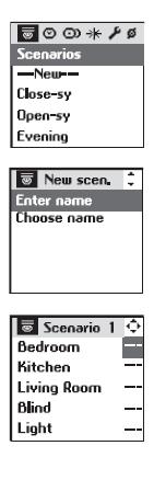 Tworzenie własnych scenariuszy Tworzenie scenariusza Scenariusze programuje się z poziomu menu System > Scenarios. Tworzenie scenariusza Wybierz ---New--- klawiszami i potwierdź klawiszem ( ok ).