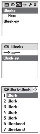 PROGRAMOWANIE ZEGARA Programowanie tygodni Tworzenie tygodnia Tygodnie programuje się z poziomu menu System > Weeks. Wybierz New klawiszami i potwierdź klawiszem albo ( ok ).