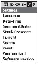USTAWIENIA Menu System > Settings. Język Pilot zdalnego sterowania udostępnia siedem języków: francuski, angielski, niemiecki, hiszpański, włoski, portugalski i holenderski.