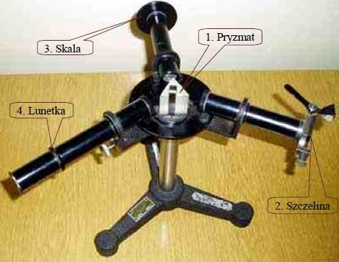 Zdj. 2. Zdjęcie spektroskopu, widok od góry z widocznym pryzmatem. Kolimator ze szczeliną składa się z dwóch części, co umożliwia ustawienie szczeliny w ognisku obiektywu.