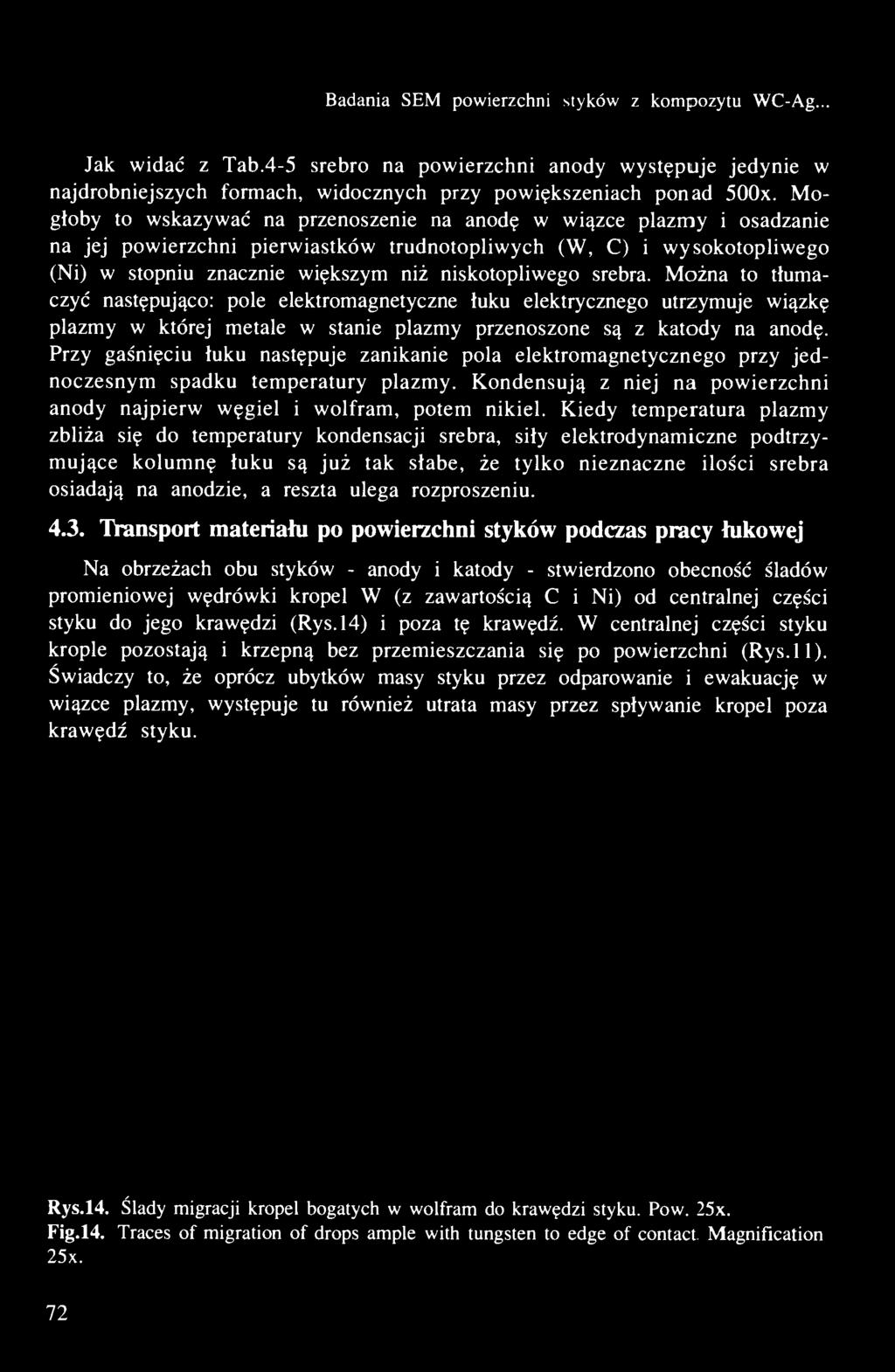 Badania SEM powierzchni styków z kompozytu WC-Ag... Jak widać z Tab.4-5 srebro na powierzchni anody występuje jedynie w najdrobniejszych formach, widocznych przy powiększeniach ponad 500x.