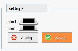 Przykładowa nakładka: Kod nakładki: <div class="settings"> color1: <input type="color" name="color1" value="{{settings.color1}}" /><br /> color2: <input type="color" name="color2" value="{{settings.