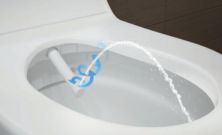 Bezkołnierzowa miska ceramiczna, dynamiczne spłukiwanie i skuteczne czyszczenie Zastosowanie bezkołnierzowej miski ceramicznej z serii Rimfree sprawia, że system Geberit AquaClean Tuma spełnia