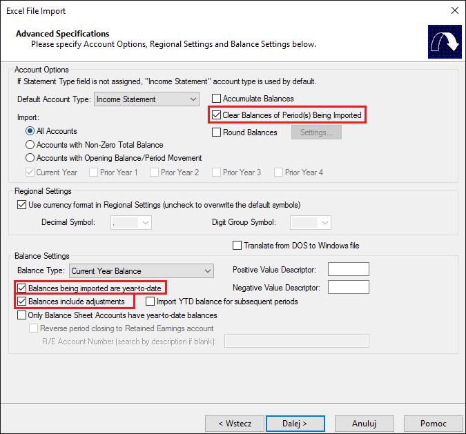 Na koniec importu w zaawansowanych ustawieniach (Advanced Specifications) ważne jest zaznaczenie opcji Clear Balances of Period(s) Being Imported.