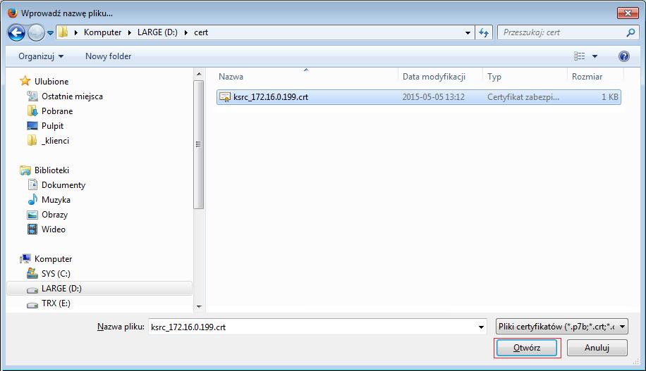 zapisanego pliku z certyfikatem SSL (w omawianym