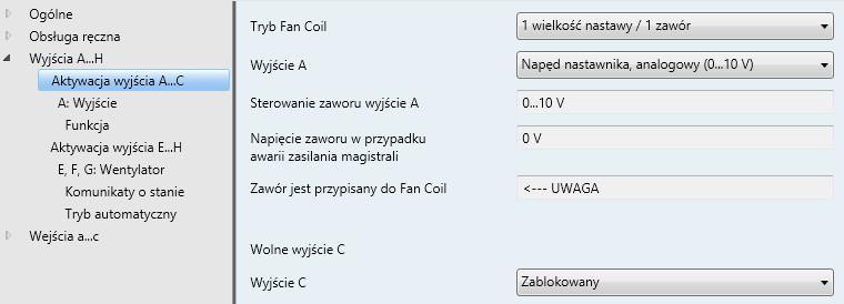 Okno parametrów Aktywacja wyjścia A D aktor Fan Coil, 0 10 V Wyjście A Zablokowany Napęd nastawnika, analogowy (0 10 V) Ten parametr określa indywidualny tryb pracy wyjścia.