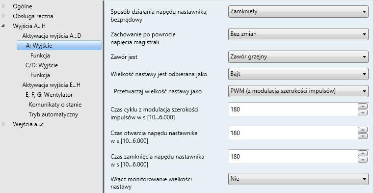 3.2.3.2 Okno parametrów A: Wyjście (Napęd nastawnika, termoelektryczny (PWM)) To okno parametrów służy do wprowadzania wszystkich ustawień wyjścia A/B jako napędu nastawnika, termoelektrycznego (PWM).