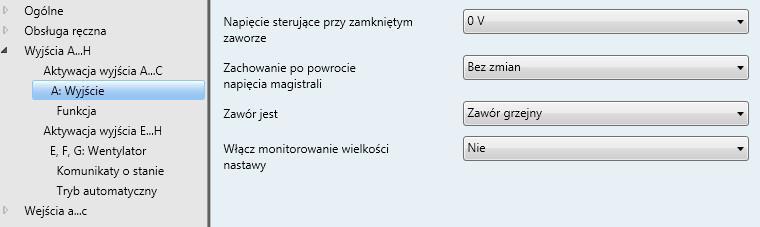 3.2.3.4 Okno parametrów A: Wyjście (Napęd nastawnika, analogowy (0 10 V) To okno parametrów służy do wprowadzania wszystkich ustawień dla Napędu nastawnika, analogowego (0 10 V).