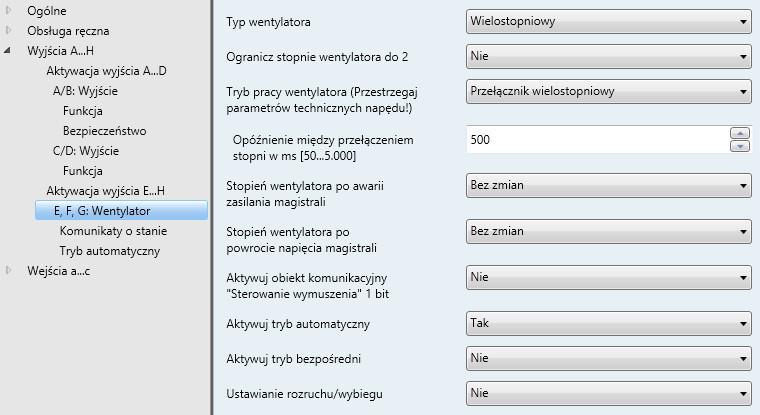 3.2.3.8 Okno parametrów E, F, G: Wentylator (wielostopniowy) To okno parametrów służy do wprowadzania wszystkich ustawień funkcji Wentylator wielostopniowy.