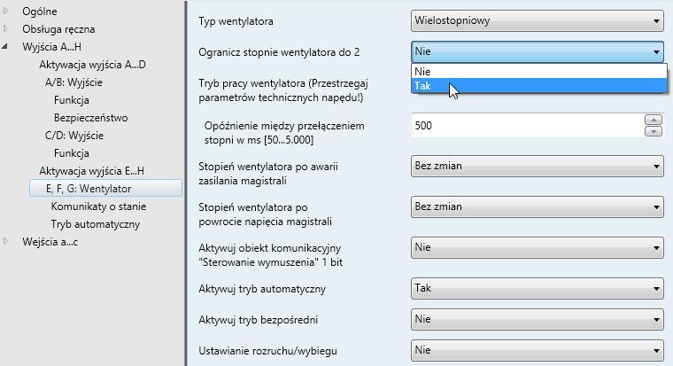 3.2.3.13 Okno parametrów E, F, G: Wentylator (dwustopniowy) To okno parametrów służy do wprowadzania wszystkich ustawień funkcji Wentylator dwustopniowy.