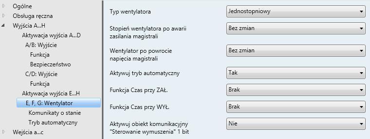 3.2.3.14 Okno parametrów E, F, G: Wentylator (jednostopniowy) To okno parametrów służy do wprowadzania wszystkich ustawień funkcji Wentylator jednostopniowy.