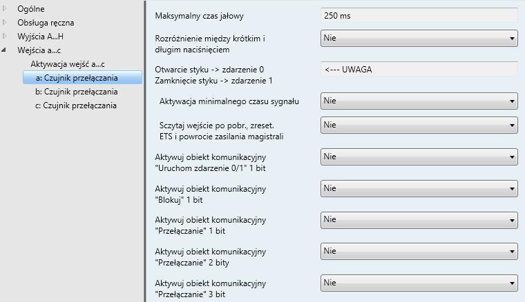 3.2.4.2 Okno parametrów a: Czujnik przełączania Aby to okno parametrów było widoczne, należy otworzyć Okno parametrów Aktywacja wejść a c, str.