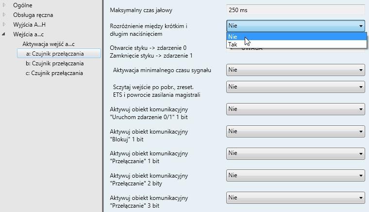 3.2.4.2.1 Parametr Rozróżnienie między krótkim i długim naciśnięciem Nie Aby następujące parametry były widoczne, należy otworzyć Okno parametrów a: Czujnik przełączania, str.