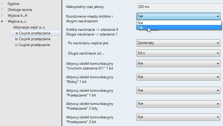 3.2.4.2.2 Parametr Rozróżnienie między krótkim i długim naciśnięciem Tak Aby następujące parametry były widoczne, należy otworzyć Okno parametrów a: Czujnik przełączania, str.