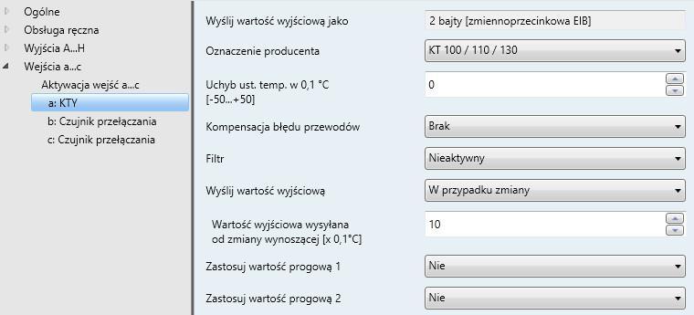 3.2.4.4.2 Opcje parametrów dla KTY Aby to okno parametrów było widoczne, należy otworzyć Okno parametrów Aktywacja wejść a c, str. 170, i w parametrze Wejście a wybrać opcję KTY.