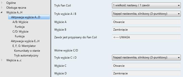 Okno parametrów Aktywacja wyjścia A D aktor Fan Coil, PWM Tryb wyjście A i B Indywidualnie Napęd nastawnika, silnikowy (3-punktowy) Ten parametr określa, czy tryby pracy wyjść A i B można