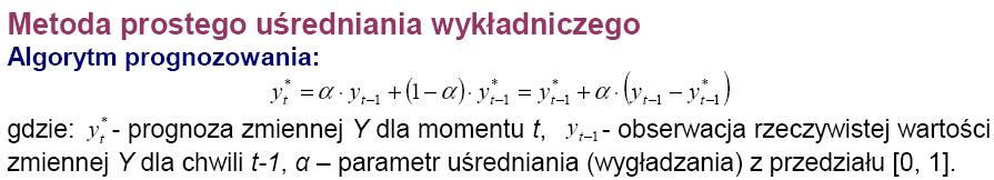 Prosy model wygładzania wykładniczego (5) W prakyce paramer wygładzania jes częso wybierany przez poszukiwanie sieciowe przesrzeni