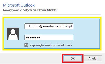 Konfiguracja adresu serwera Exchange W oknie zabezpieczeń systemu Windows należy wprowadzić pełen adres e-mail w postaci: imie.nazwisko@emeritus.ue.poznan.pl w polu Nazwa użytkownika.