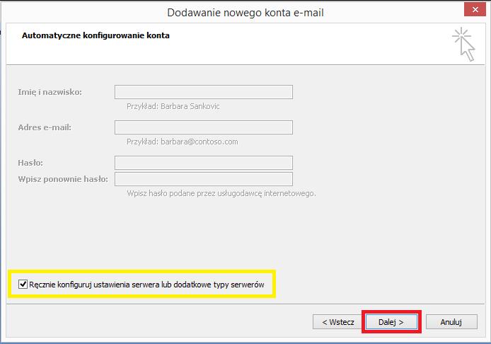 Pierwszy krok konfiguracji IMAP - Microsoft Outlook 2007 W kolejnym kroku należy zaznaczyć opcję Ręcznie konfiguruj ustawienia serwera lub dodatkowe typy serwerów.