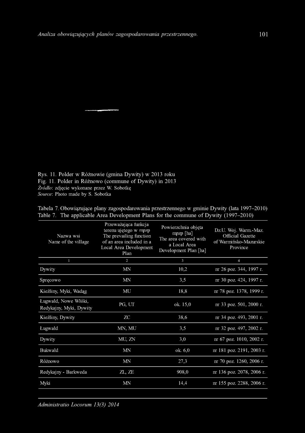 The applicable Area Development Plans for the commune of Dywity (1997-2010) Nazwa wsi Name of the village Przeważająca funkcja terenu ujętego w mpzp The prevailing function of an area included in a