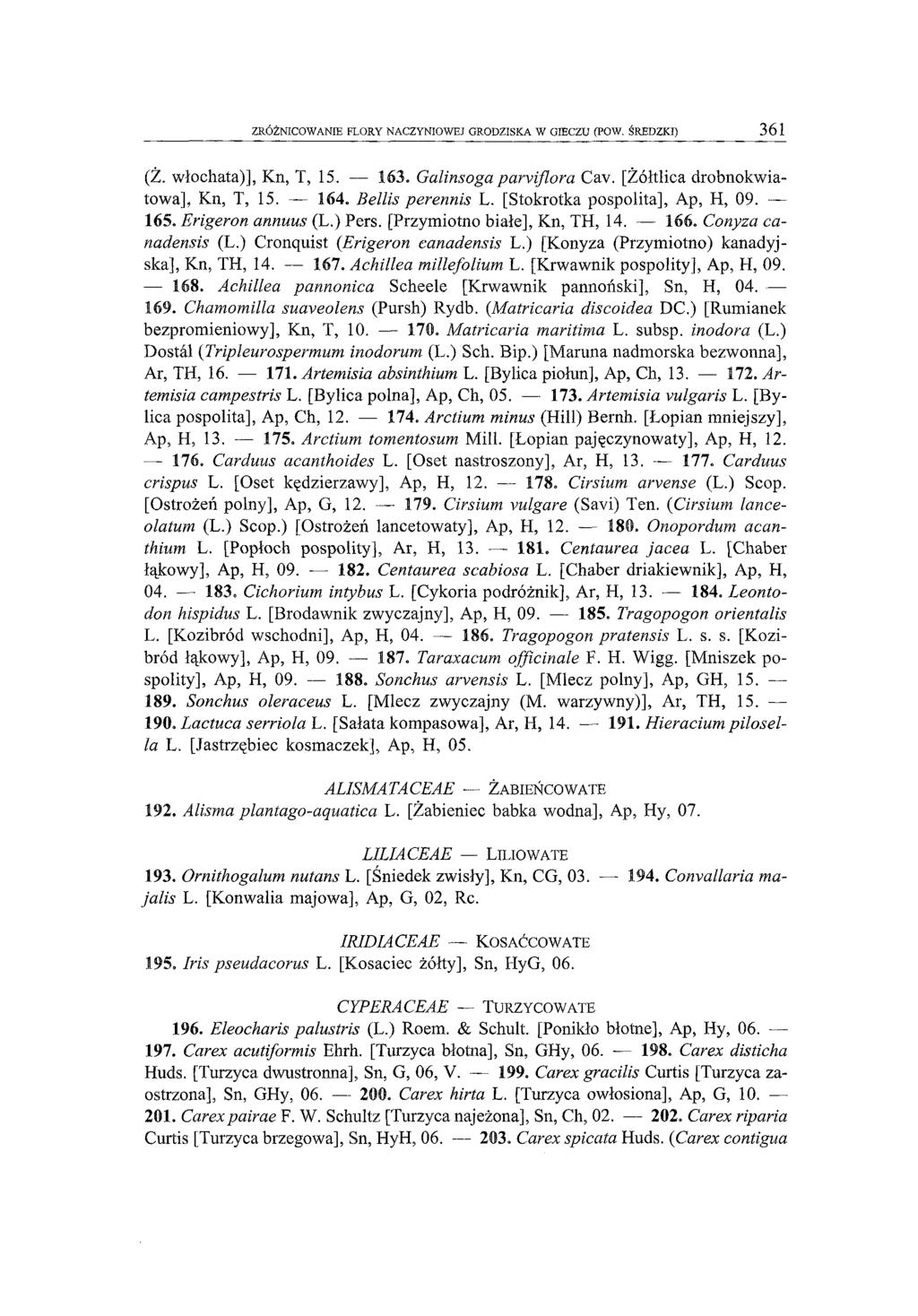 ZRÓŻNICOWANIE FLORY NACZYNIOWEJ GRODZISKA W GIECZU (POW. ŚREDZKI) 3 6 1 (Ż. włochata)], Kn, T, 15. 163. Gaiinsoga parviflora Cav. [Żółtlica drobnokwiatowa], Kn, T, 15. 164. Bellis perennis L.