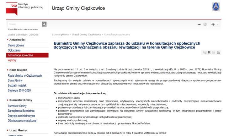 Rysunek 34. Ogłoszenia dot. konsultacji umieszczone na stronach BIP Urzędu Gminy Ciężkowice Źródło: www.ciezkowice.