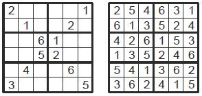 1. SUDOKU 6x6 W każde pole diagramu wpisz jedną z cyfr od 1 do 6 tak, by w każdym rzędzie, w każdej kolumnie i w każdym z obwiedzionych grubszą linią obszarów każda cyfra występowała dokładnie raz.