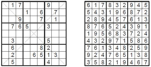 SUDOKU DIAGONALNE W każde pole diagramu wpisz jedną z cyfr od 1 do 9 tak, by w każdym rzędzie, w każdej