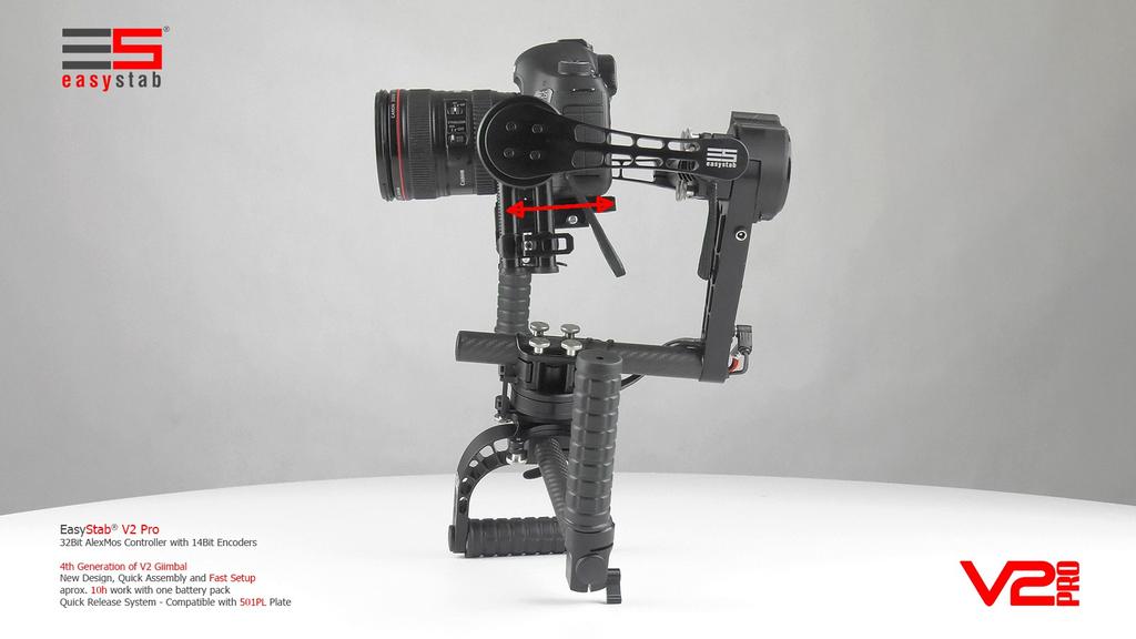 Easystab v2 Zasada regulacji model Easystab v2 (i wszystkich jego aktualizacji) przeznaczony jest dla kamer i aparatów do 2,2kg Wyposażony w bardzo precyzyjny bez narzędziowy system regulacji
