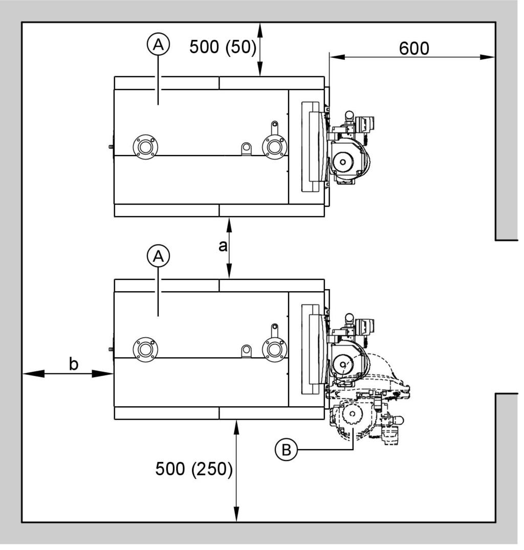 Dane techniczne kotła grzewczego (ciąg dalszy) Ustawienie Minimalne odstępy Dla ułatwienia montażu i konserwacji należy dotrzymywać podanych wymiarów; przy ograniczonej ilości miejsca należy zachować