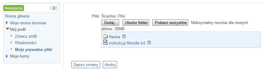 Wysyłanie wiadomości do wybranego użytkownika Opcja Moje prywatne pliki pozwala na przechowywanie na platformie własnych plików użytkownika.