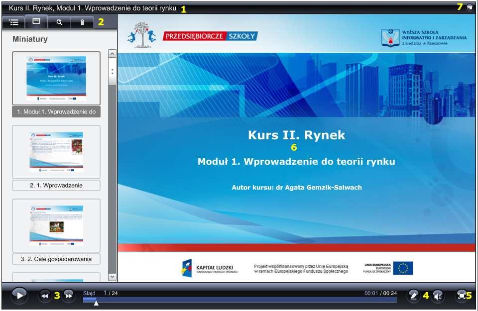 3. Korzystanie z kursów e-learning 3.1. Dostępne opcje okna kursu Po kliknięciu na wybrany moduł zostanie on otwarty w nowym oknie przeglądarki.