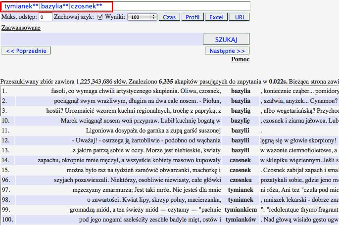 258 Piotr Pęzik Rysunek 14.5. Przykład wyszukiwania wariantów morfologicznych dla zapytania tymianek** bazylia** czosnek* 14.3.6.