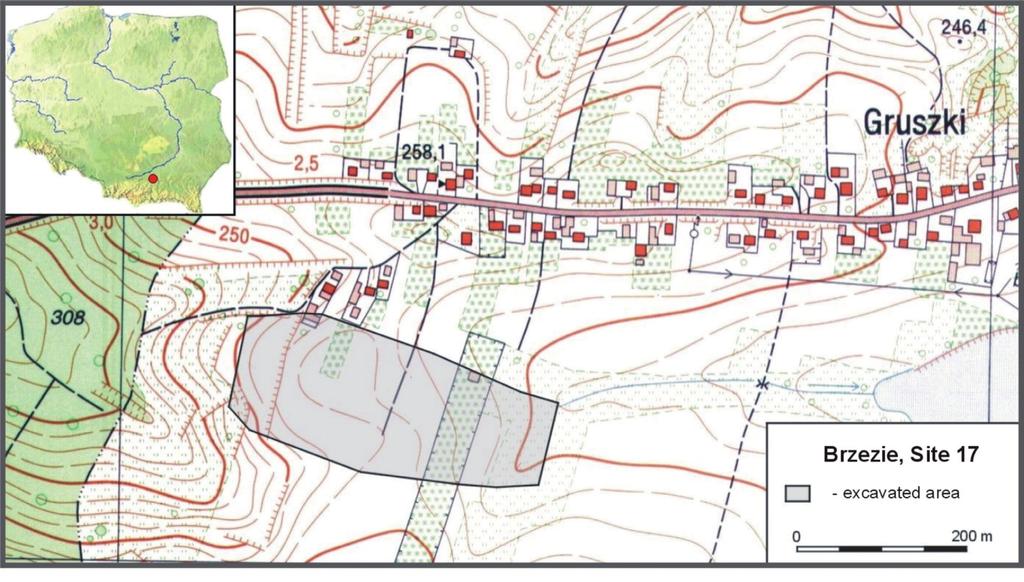 246 Jarosław Wilczyński, Agnieszka Czekaj-Zastawny, Albert Zastawny Fig. 1. Brzezie, site 17, Wieliczka district. Topography of the site 2.
